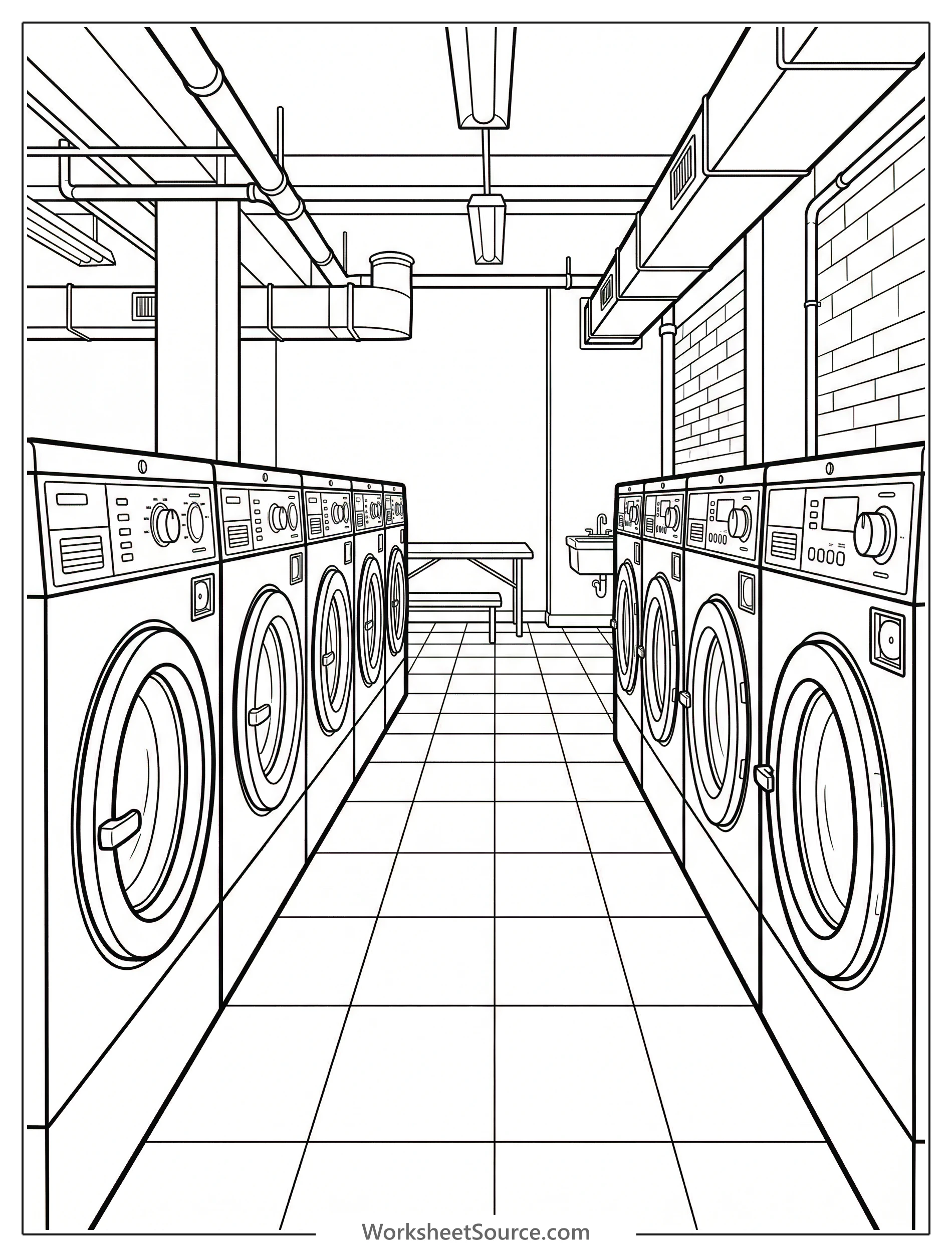 Detailed coloring page depicting a quiet, empty laundromat with rows of large front loading washing machines and dryers, evoking a lofi aesthetic.