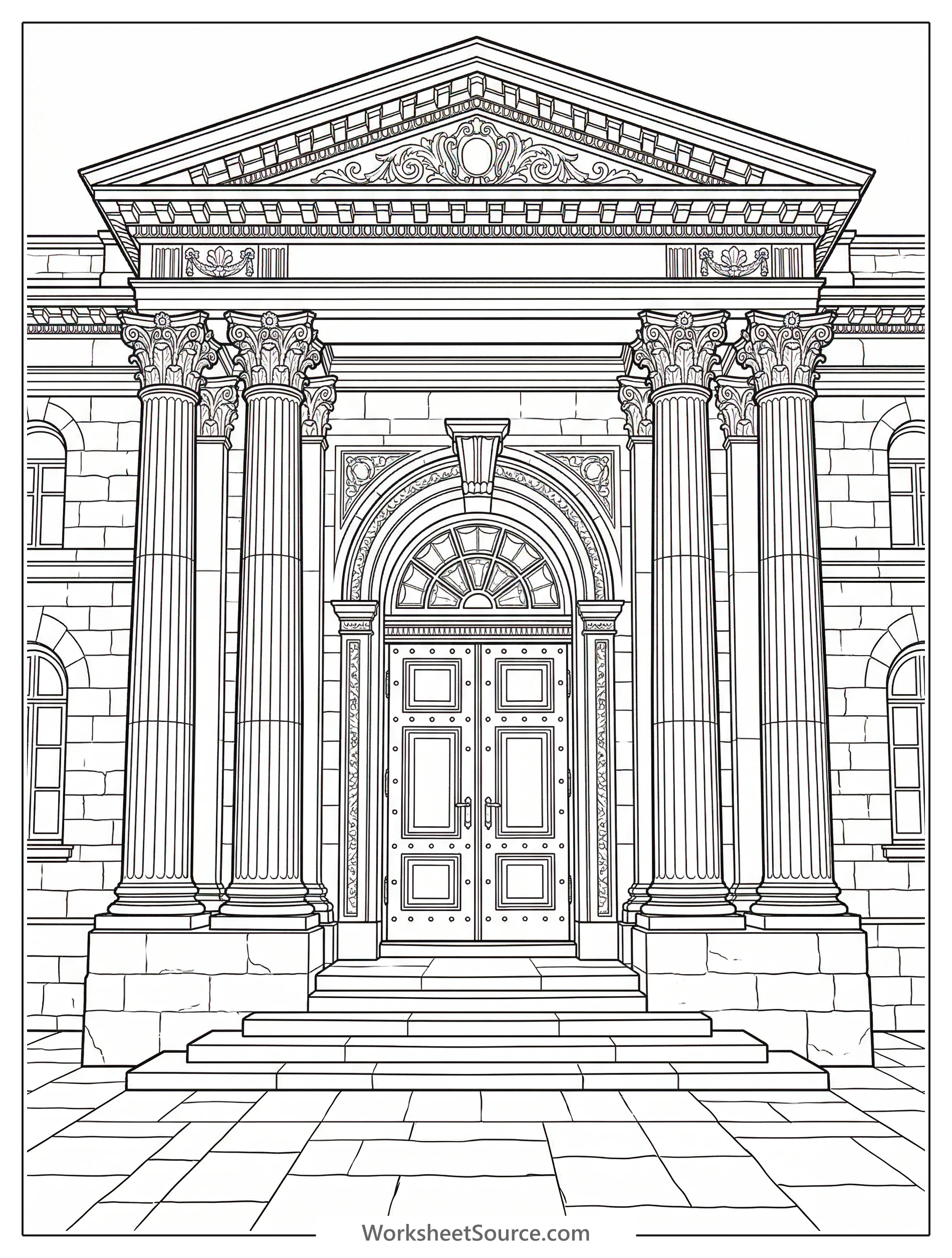 Illustration of a grand library entrance with towering stone pillars and classical architectural details, rendered in a calming lofi aesthetic style.