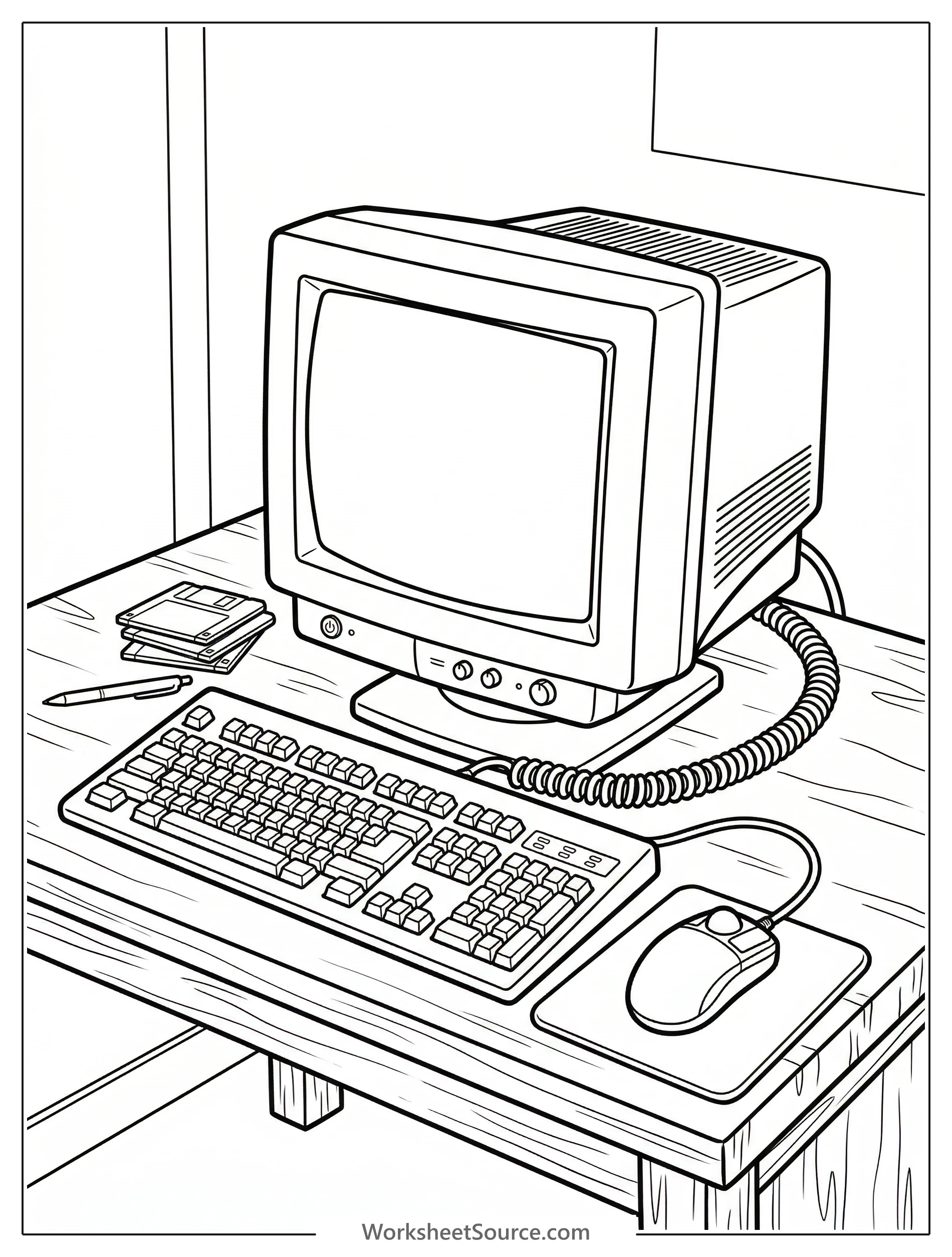 A detailed coloring page featuring a bulky 1990s style computer monitor and keyboard on a desk, capturing a retro Lofi aesthetic with pixel art elements.