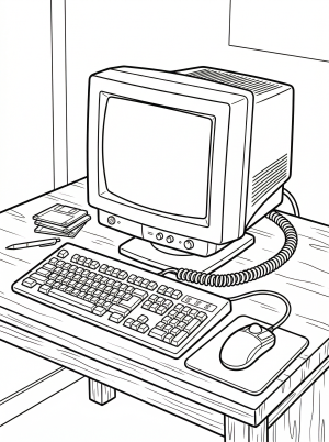 A detailed coloring page featuring a bulky 1990s style computer monitor and keyboard on a desk, capturing a retro Lofi aesthetic with pixel art elements.
