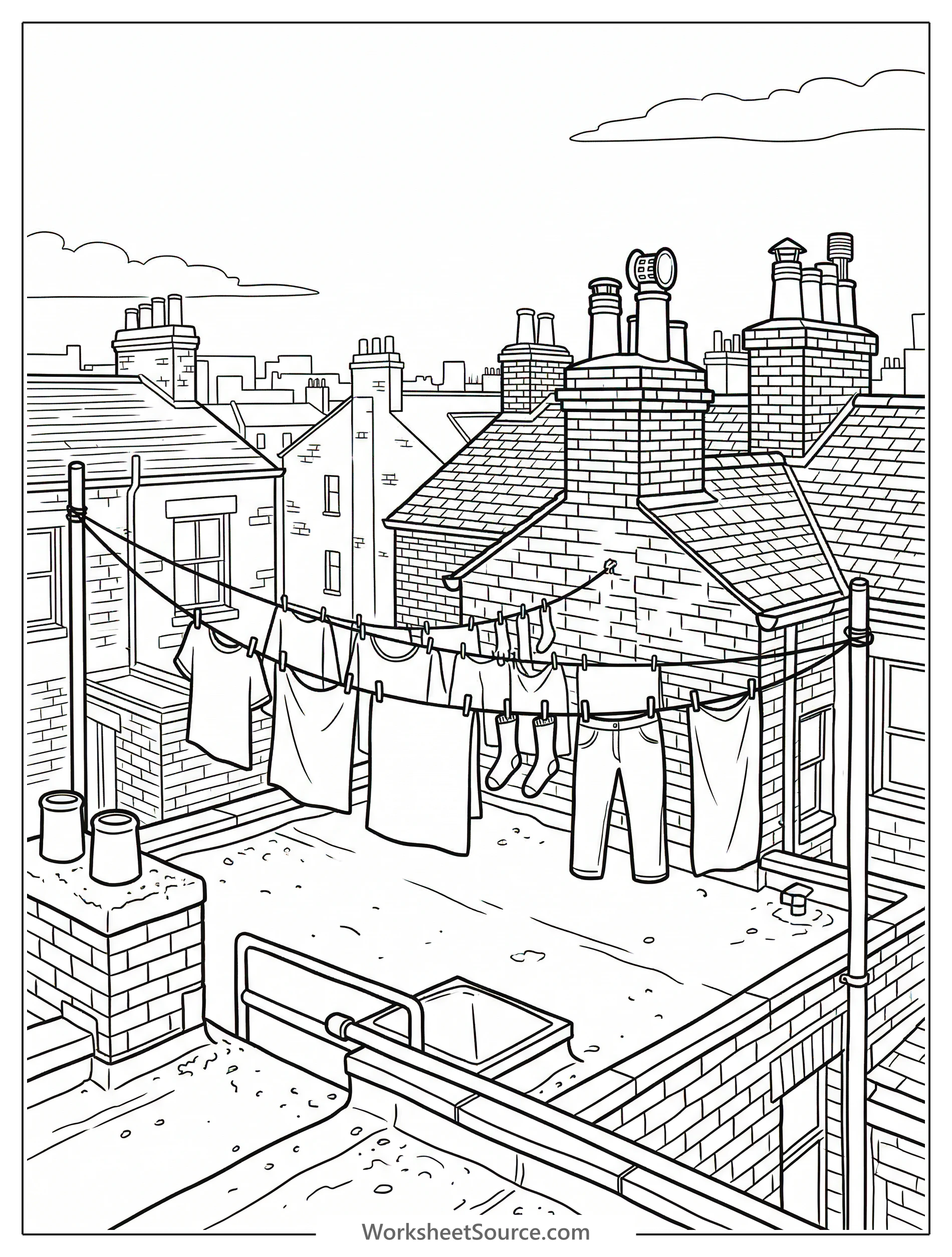 Lofi aesthetic coloring page showing a detailed rooftop view with various chimneys, intricate laundry lines, and subtle urban background details.