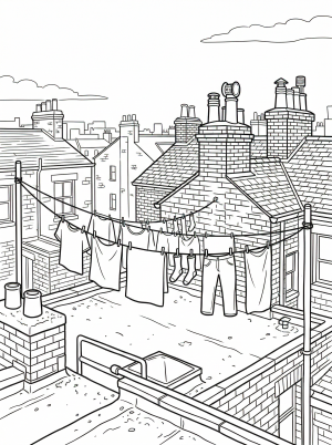 Lofi aesthetic coloring page showing a detailed rooftop view with various chimneys, intricate laundry lines, and subtle urban background details.