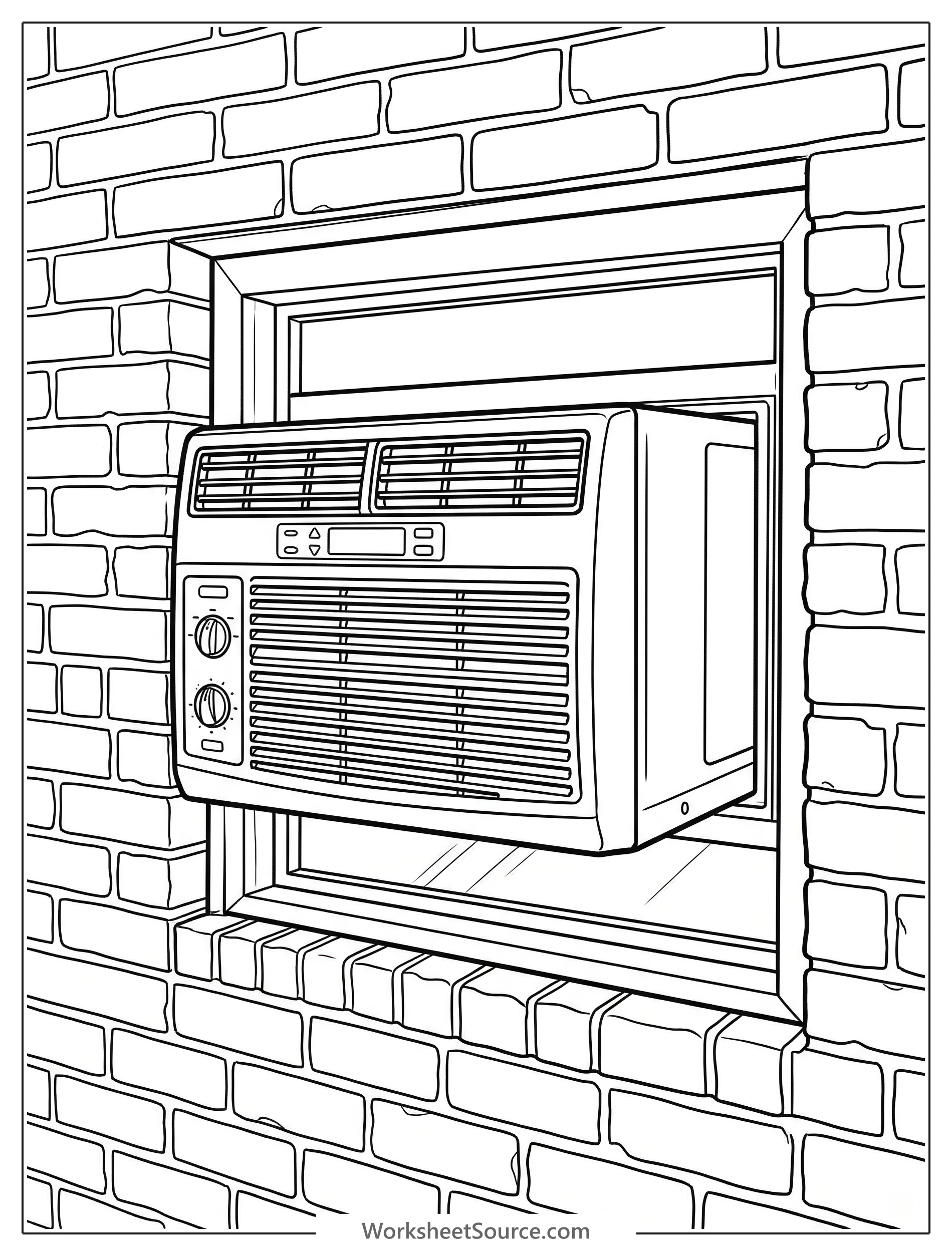 A detailed line art coloring page depicting a window air conditioning unit installed in a textured brick wall, featuring a distinct lofi aesthetic.