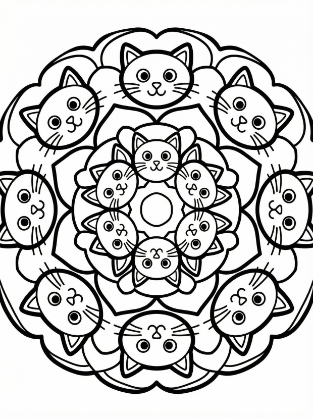 Free printable coloring page showing a circular cat mandala pattern with many cat faces, perfect for kids to practice focus and creativity