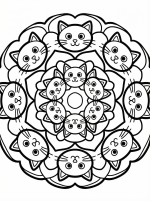 Free printable coloring page showing a circular cat mandala pattern with many cat faces, perfect for kids to practice focus and creativity