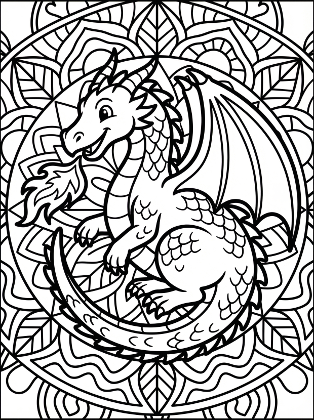 Free printable coloring page showing a happy dragon in a circular mandala, perfect for kids to practice focus and creativity