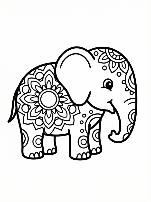 Free printable coloring page showing an elephant with mandala patterns, perfect for kids to practice focus and creativity