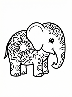 Free printable coloring page showing an elephant with mandala patterns, perfect for kids to practice focus and creativity