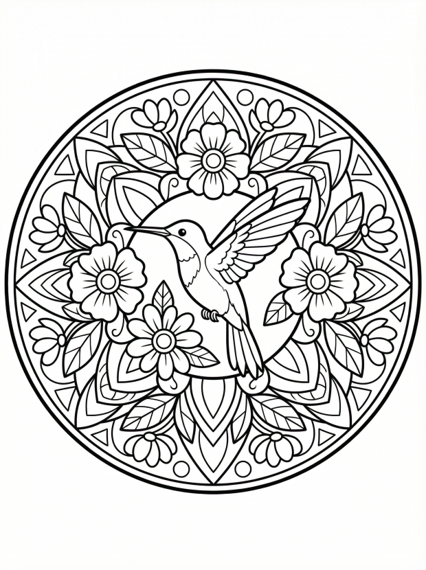 Free printable coloring page showing a hummingbird in a floral mandala, perfect for kids to practice focus and creativity