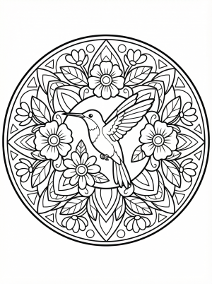 Free printable coloring page showing a hummingbird in a floral mandala, perfect for kids to practice focus and creativity