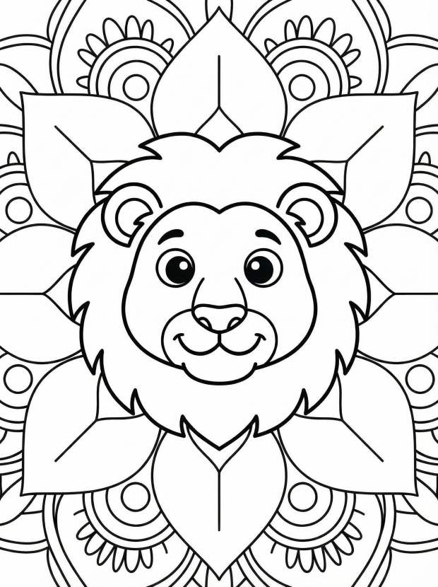 Free printable coloring page showing a friendly lion mandala face, perfect for kids to practice focus and creativity