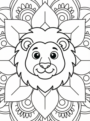 Free printable coloring page showing a friendly lion mandala face, perfect for kids to practice focus and creativity