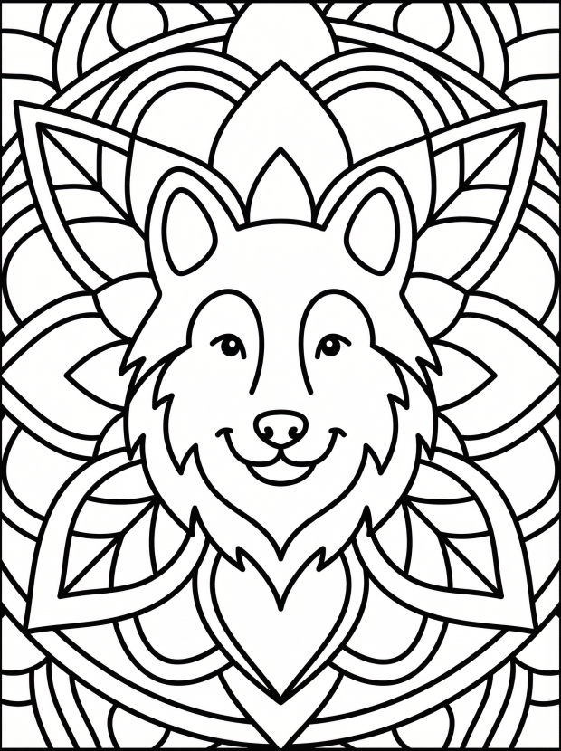 Free printable coloring page showing a wolf mandala face surrounded by floral patterns, perfect for kids to practice focus and creativity