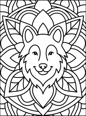 Free printable coloring page showing a wolf mandala face surrounded by floral patterns, perfect for kids to practice focus and creativity
