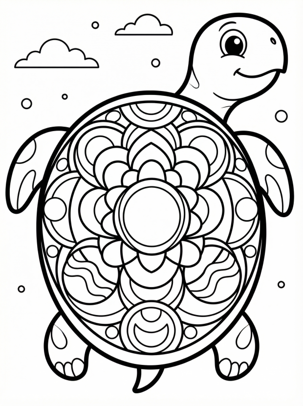 Free printable coloring page showing a layered mandala on a turtle shell, perfect for kids to practice focus and creativity