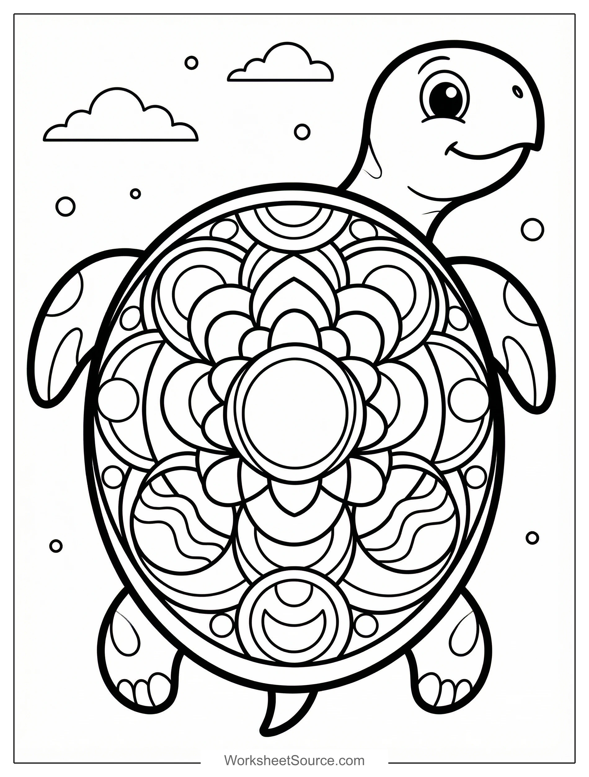 Free printable coloring page showing a layered mandala on a turtle shell, perfect for kids to practice focus and creativity