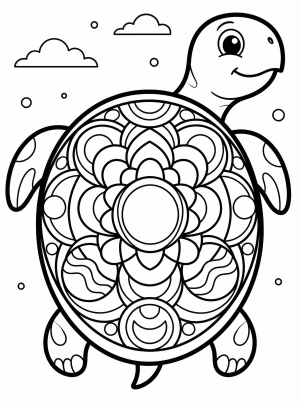 Free printable coloring page showing a layered mandala on a turtle shell, perfect for kids to practice focus and creativity