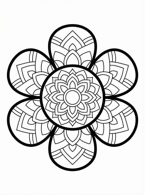Free printable coloring page showing an ornate circular mandala with petal shapes, perfect for kids to practice focus and color recognition