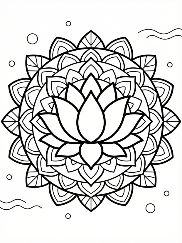 Free printable coloring page showing a detailed lotus flower mandala, perfect for kids to practice focus and creativity