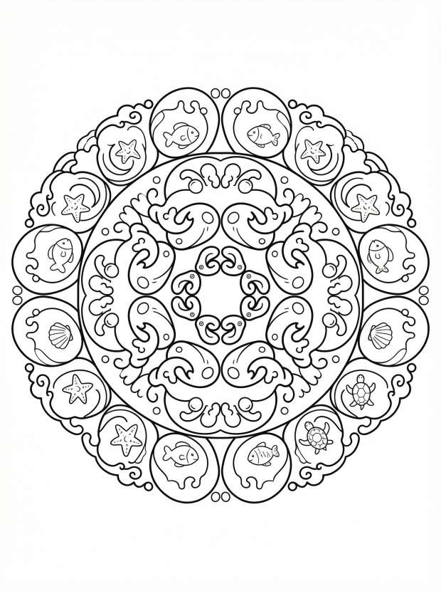 Free printable coloring page showing an ocean mandala with fish shells and starfish, perfect for kids to explore color and pattern