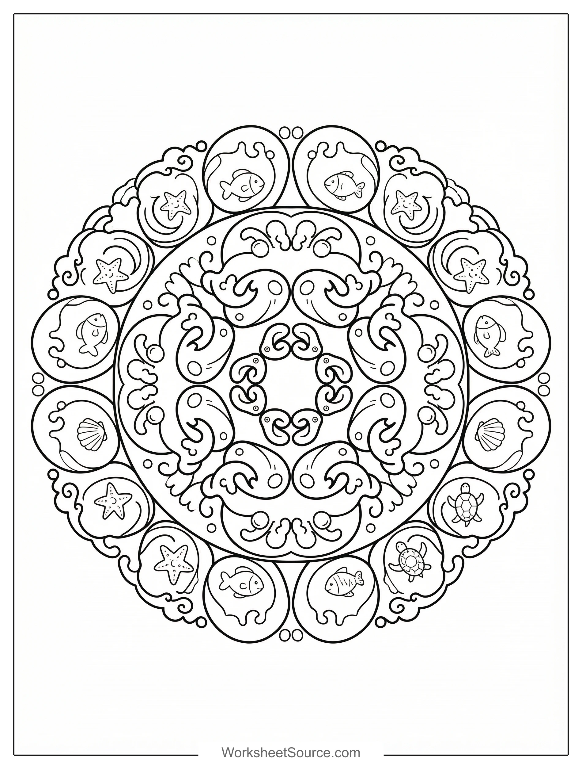 Free printable coloring page showing an ocean mandala with fish shells and starfish, perfect for kids to explore color and pattern