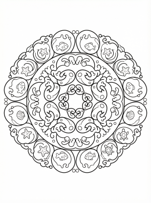 Free printable coloring page showing an ocean mandala with fish shells and starfish, perfect for kids to explore color and pattern