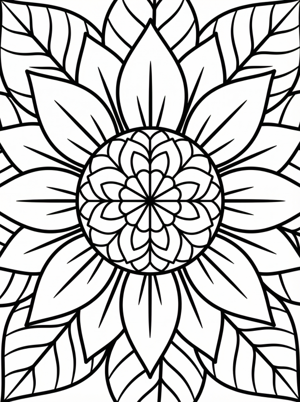 Free printable coloring page showing a sunflower mandala with petals and leaves, perfect for kids to practice focus and creativity