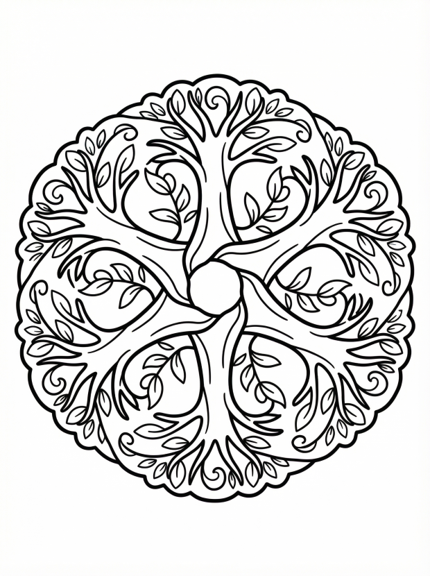 Free printable coloring page showing a circular tree mandala with leaves and branches, perfect for kids to practice focus and creativity