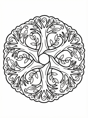 Free printable coloring page showing a circular tree mandala with leaves and branches, perfect for kids to practice focus and creativity