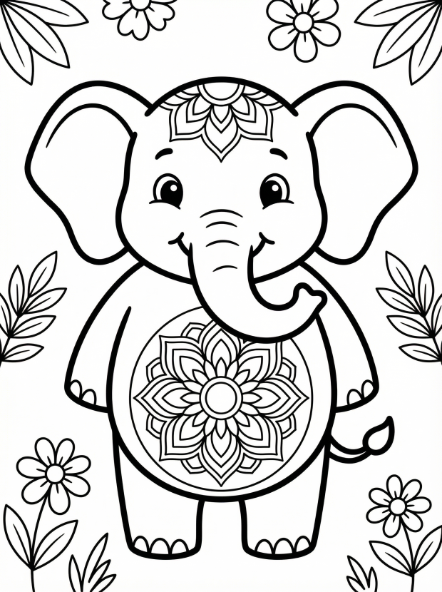 Free printable coloring page showing a cute elephant with a mandala on its belly and floral border, perfect for kids to relax and practice focus