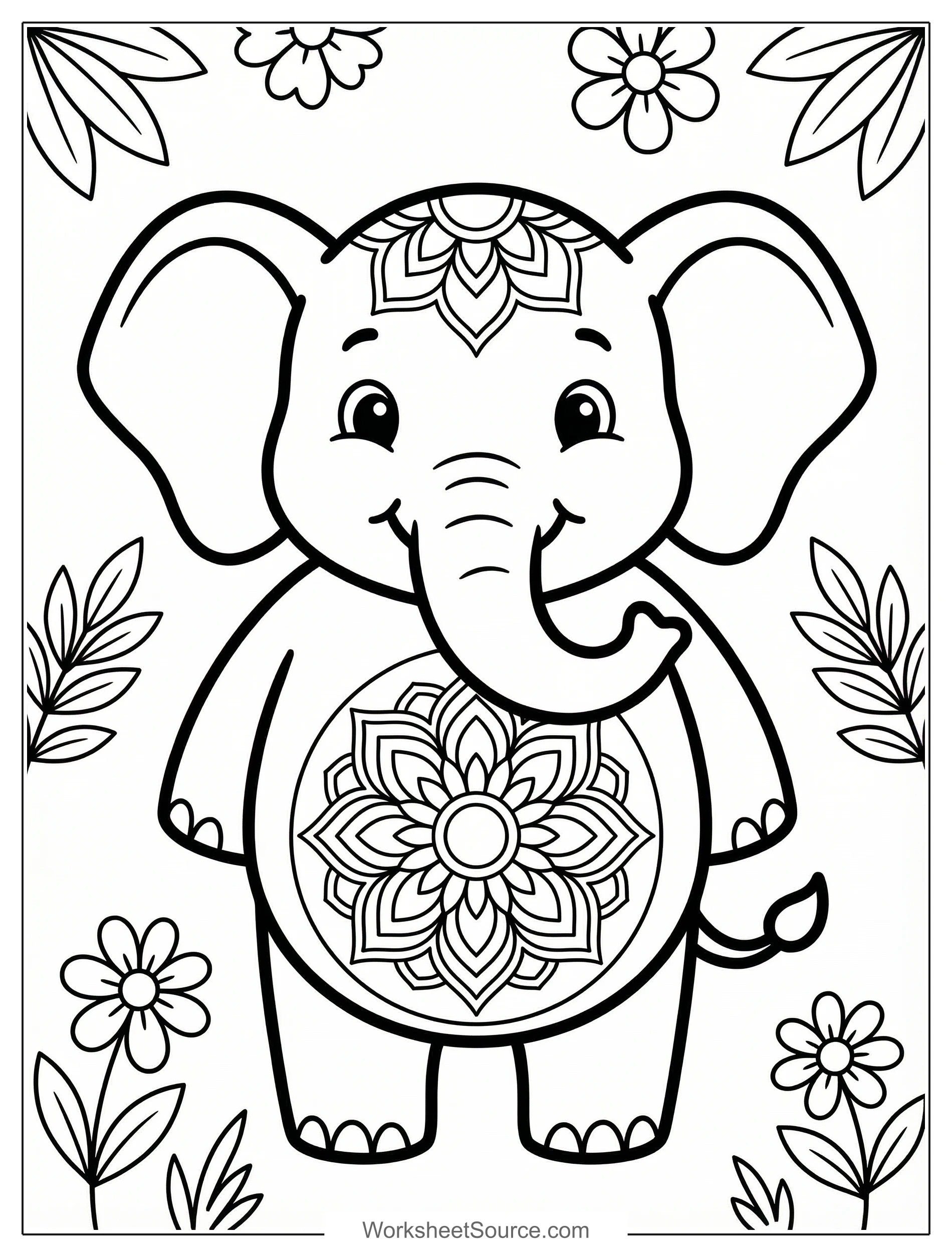 Free printable coloring page showing a cute elephant with a mandala on its belly and floral border, perfect for kids to relax and practice focus