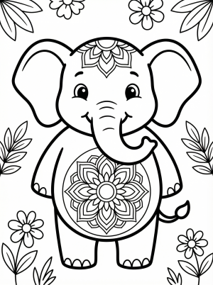 Free printable coloring page showing a cute elephant with a mandala on its belly and floral border, perfect for kids to relax and practice focus