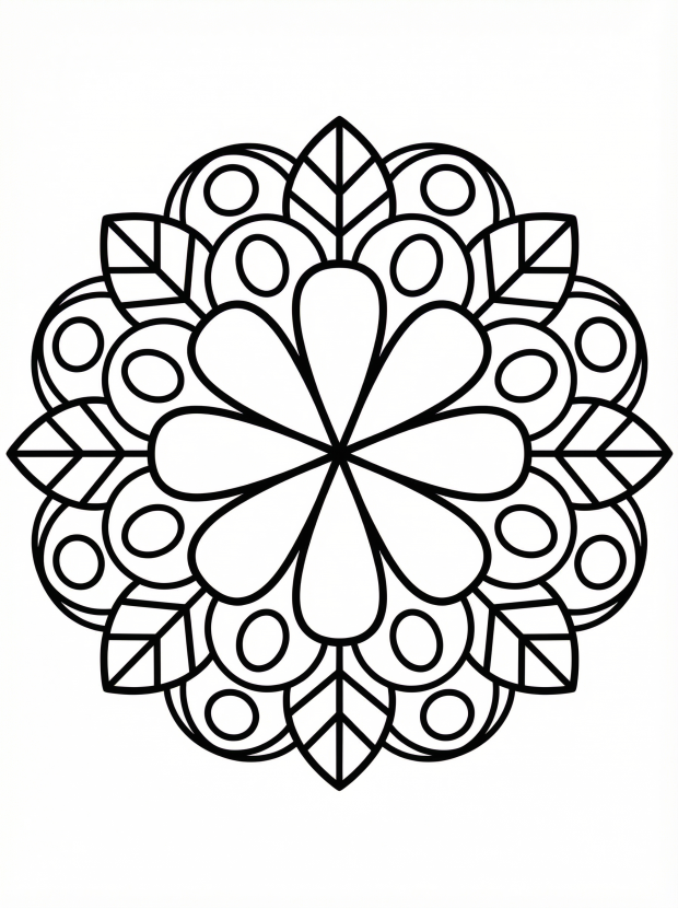Free printable coloring page showing a flower mandala design, perfect for kids to practice focus and creativity