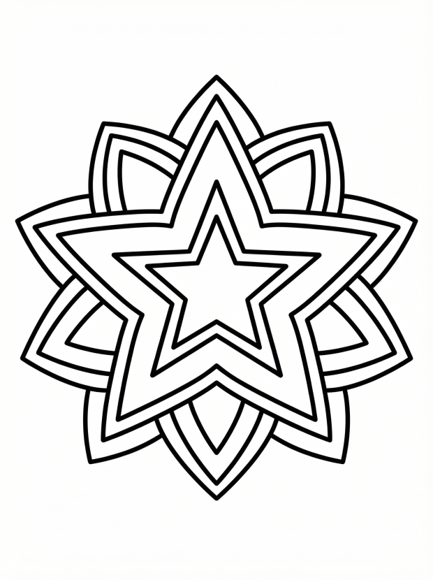 Free printable coloring page showing a star shaped mandala with layered patterns, perfect for kids to practice focus and color recognition