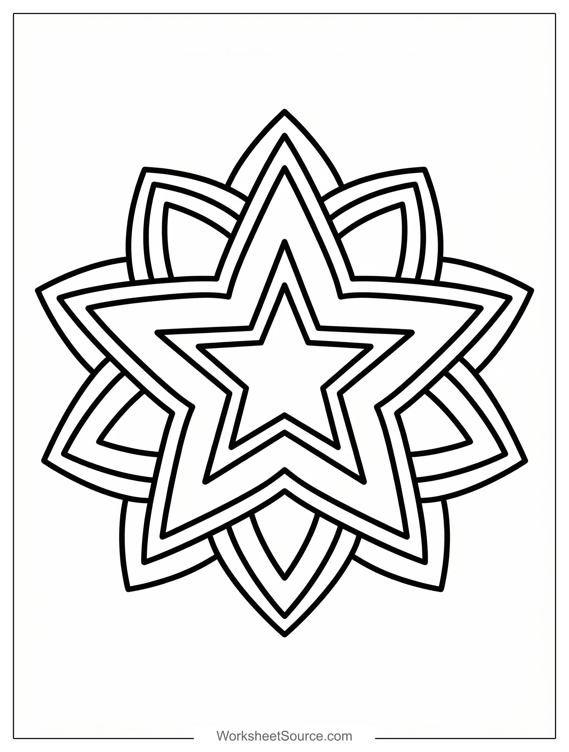Free printable coloring page showing a star shaped mandala with layered patterns, perfect for kids to practice focus and color recognition
