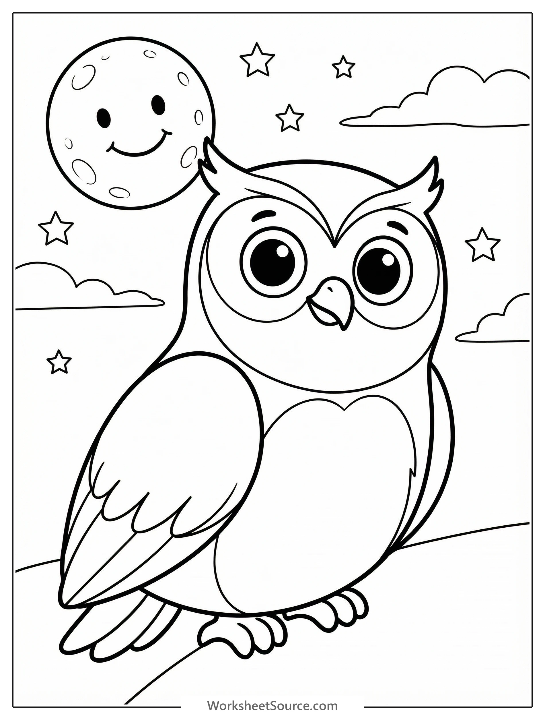 Moon and stars in night sky. coloring page for kids - black and white line art ready to print and color