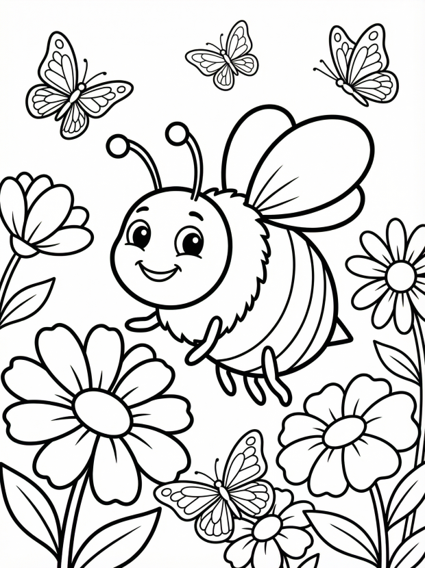 Free printable coloring page showing a bee, butterflies, and flowers in a garden, perfect for kids to practice creativity and fine motor skills