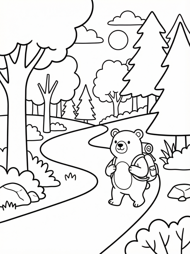 Free printable coloring page showing a bear walking on a winding forest trail with trees and rocks, perfect for kids to practice coloring and creativity