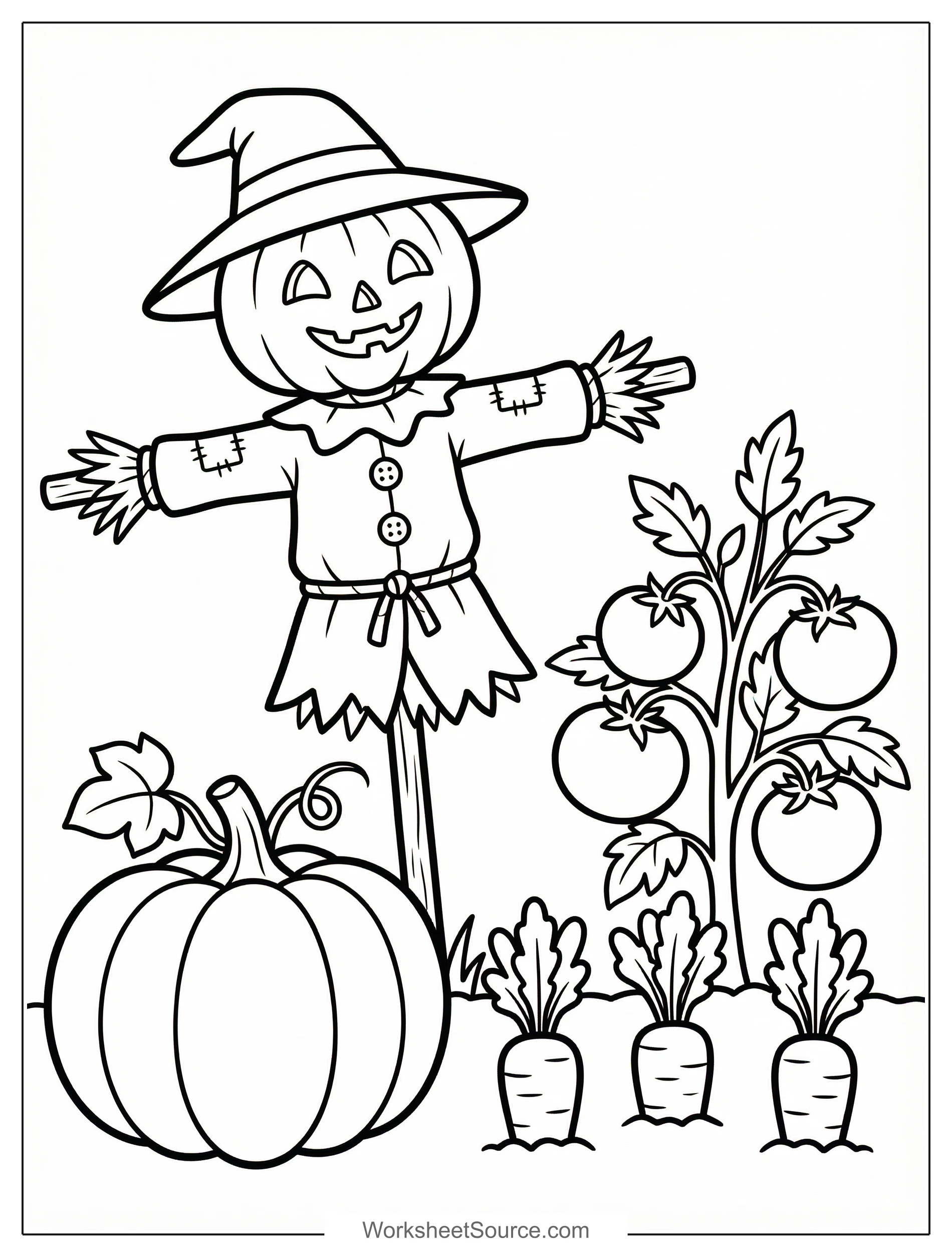 Free printable coloring page showing a garden with pumpkin tomato and carrots, perfect for kids to practice creativity and learn about plants