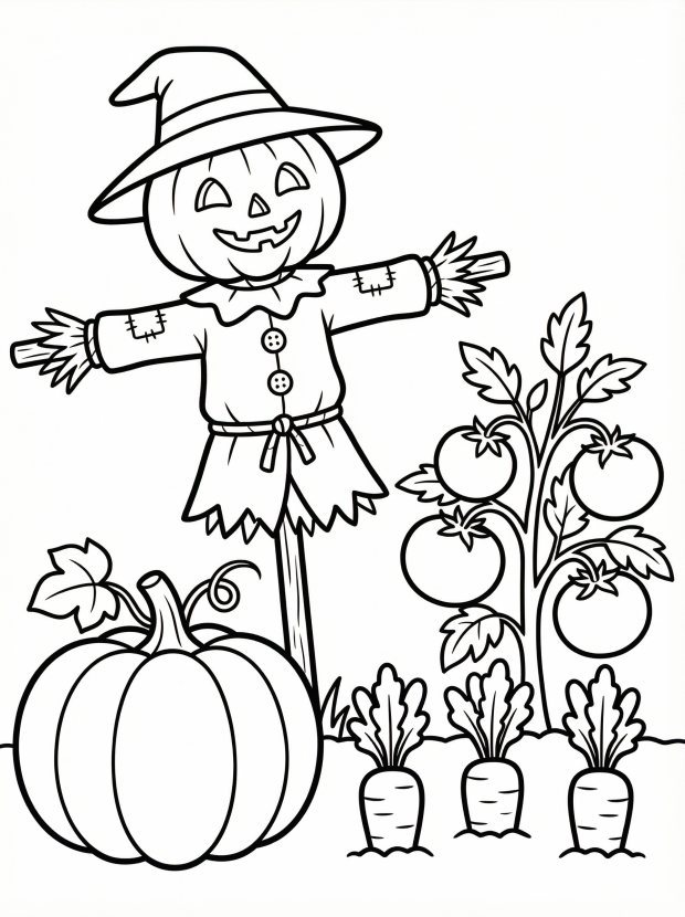 Free printable coloring page showing a garden with pumpkin tomato and carrots, perfect for kids to practice creativity and learn about plants