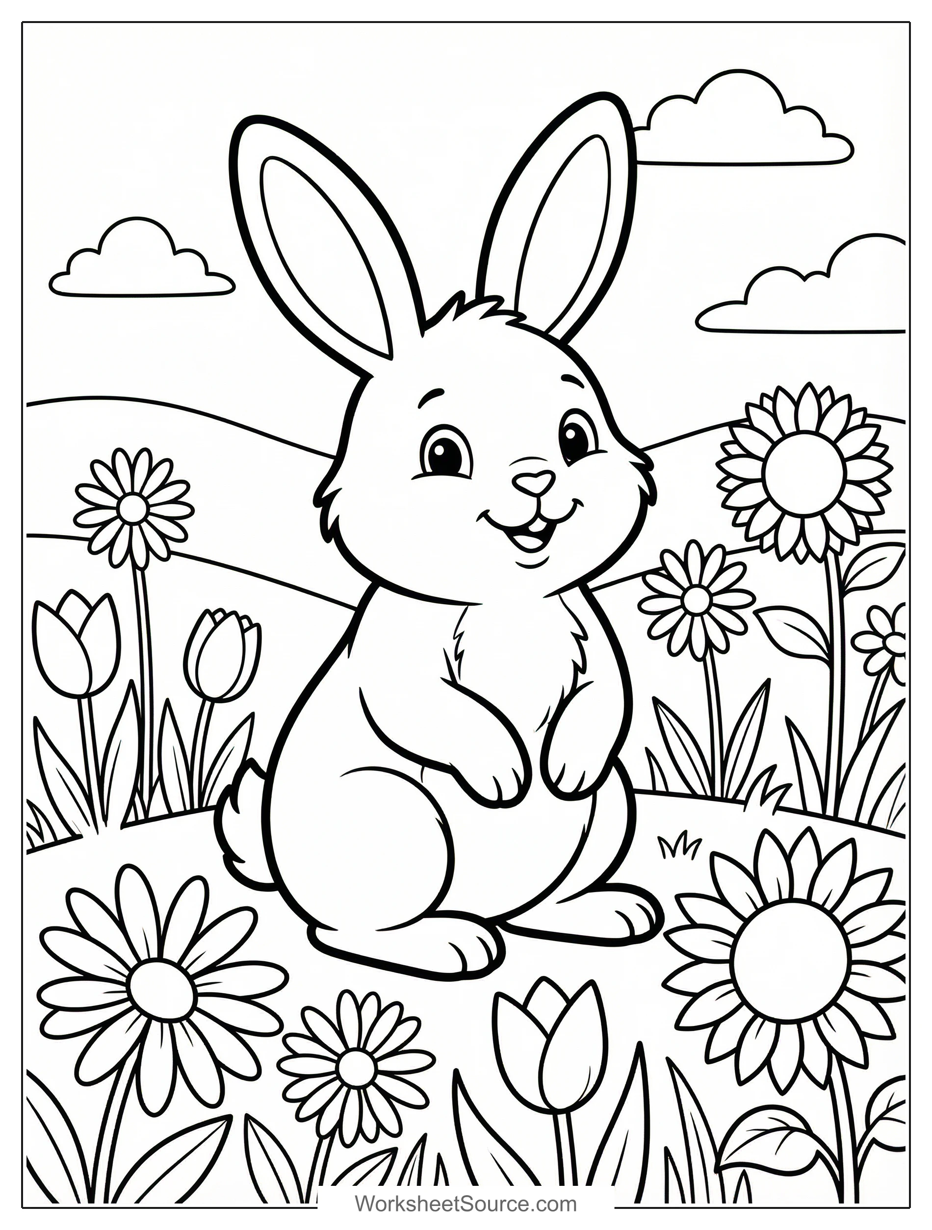 Meadow Filled With Wildflowers coloring page for kids - black and white line art ready to print and color