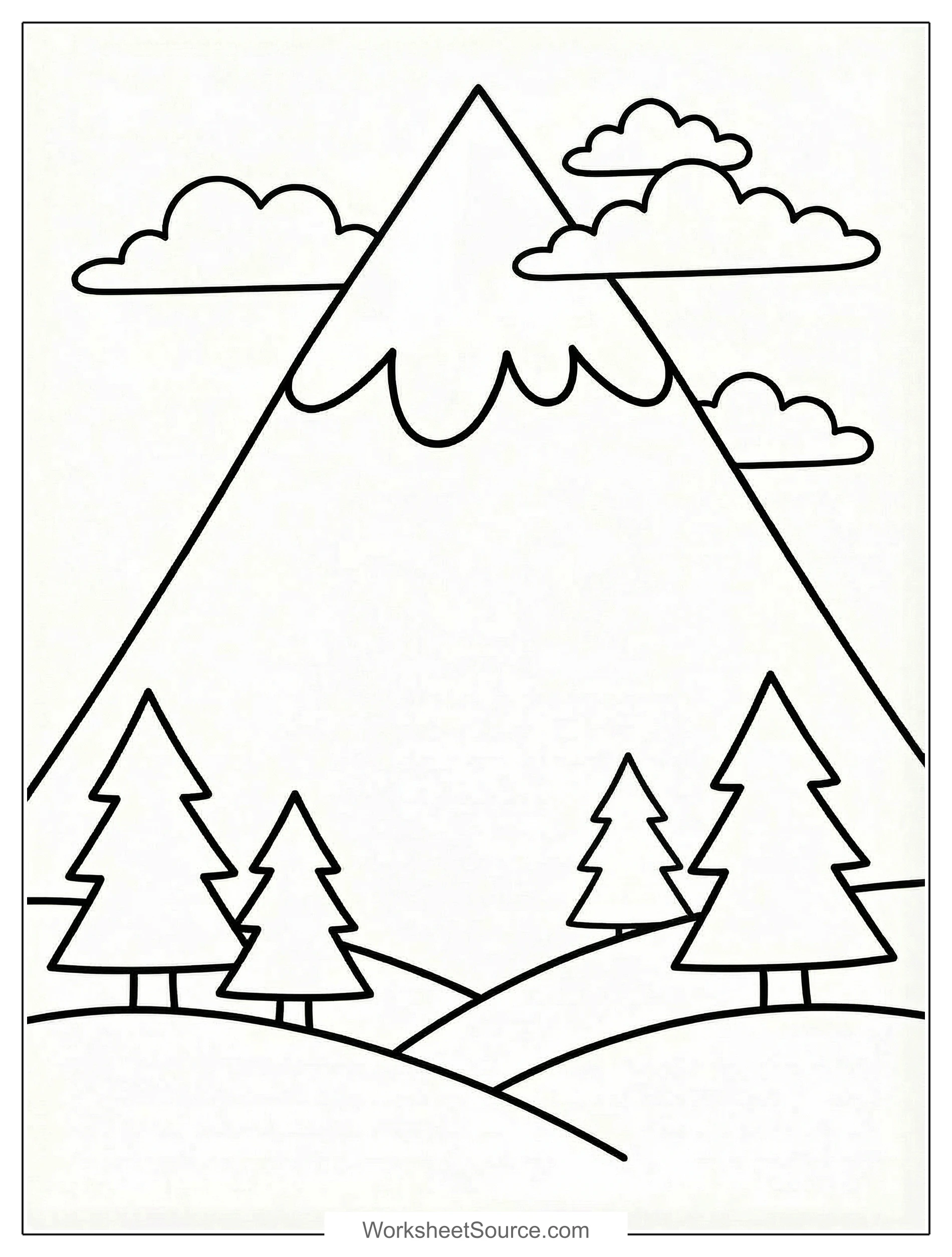 Free printable coloring page showing a mountain landscape with trees and clouds, perfect for kids to practice coloring and creativity