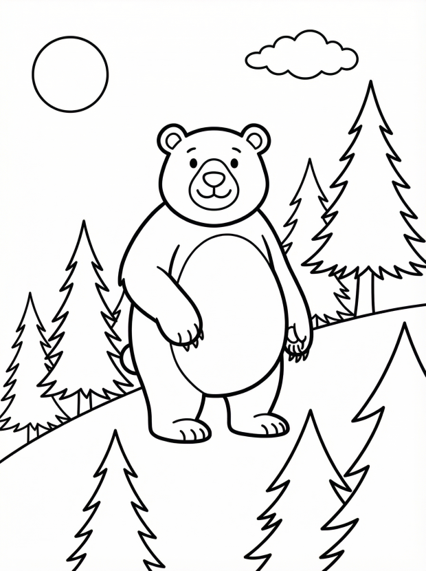 Free printable coloring page showing a bear in a mountain forest scene, perfect for kids to practice coloring and learn about nature