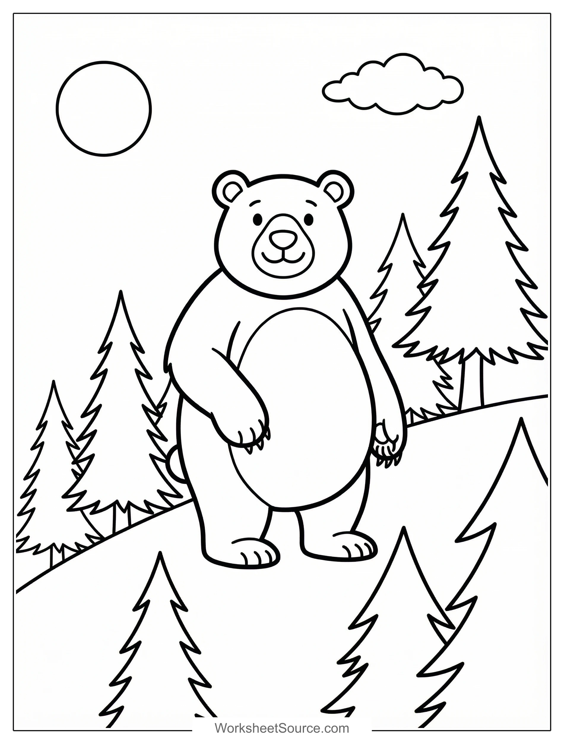 Free printable coloring page showing a bear in a mountain forest scene, perfect for kids to practice coloring and learn about nature