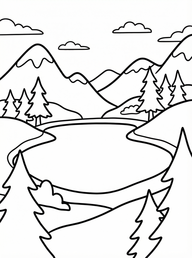 Free printable coloring page showing a mountain lake scene with trees and hills, perfect for kids to practice coloring and creativity.