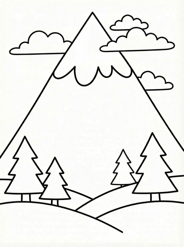Free printable coloring page showing a mountain landscape with trees and clouds, perfect for kids to practice coloring and creativity