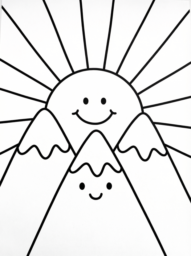 Free printable coloring page showing smiling mountains and a rising sun, perfect for kids to practice coloring and imagination