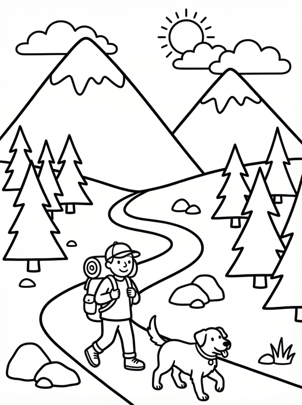 Free printable coloring page showing a child and dog on a winding mountain trail with trees and peaks, perfect for kids to explore nature through art