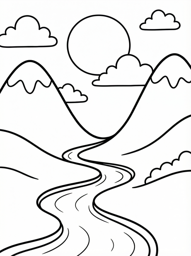 Free printable coloring page showing a winding river through a mountain valley with clouds and sun, perfect for kids to practice coloring and creativity