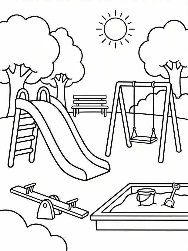 Free printable coloring page showing a park scene with slide swing sandbox and trees, perfect for kids to practice creativity and fine motor skills